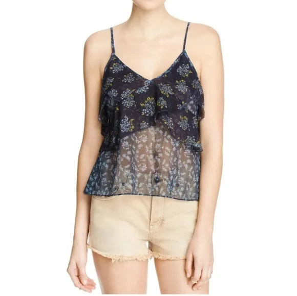 Free People Sheer Cami Viscose Ruffles Button Back Tank Dark Floral Coastal Top - Picture 1 of 16